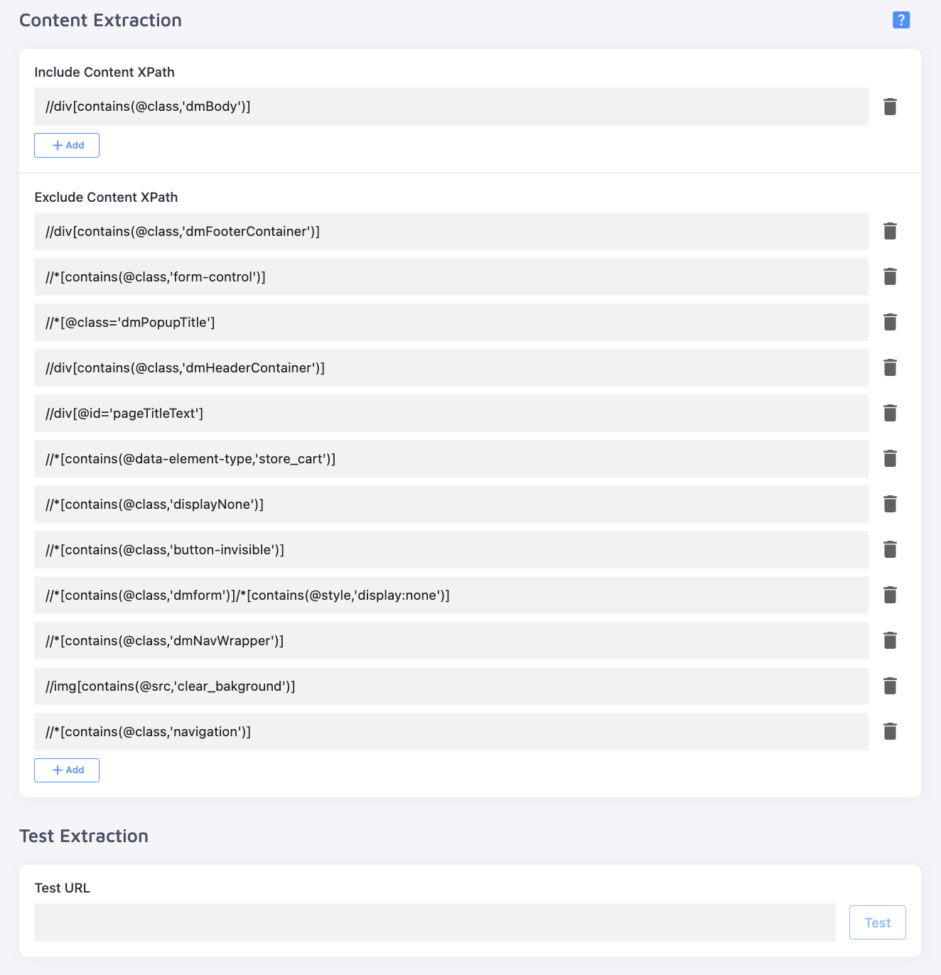 Include/Exclude XPath settings