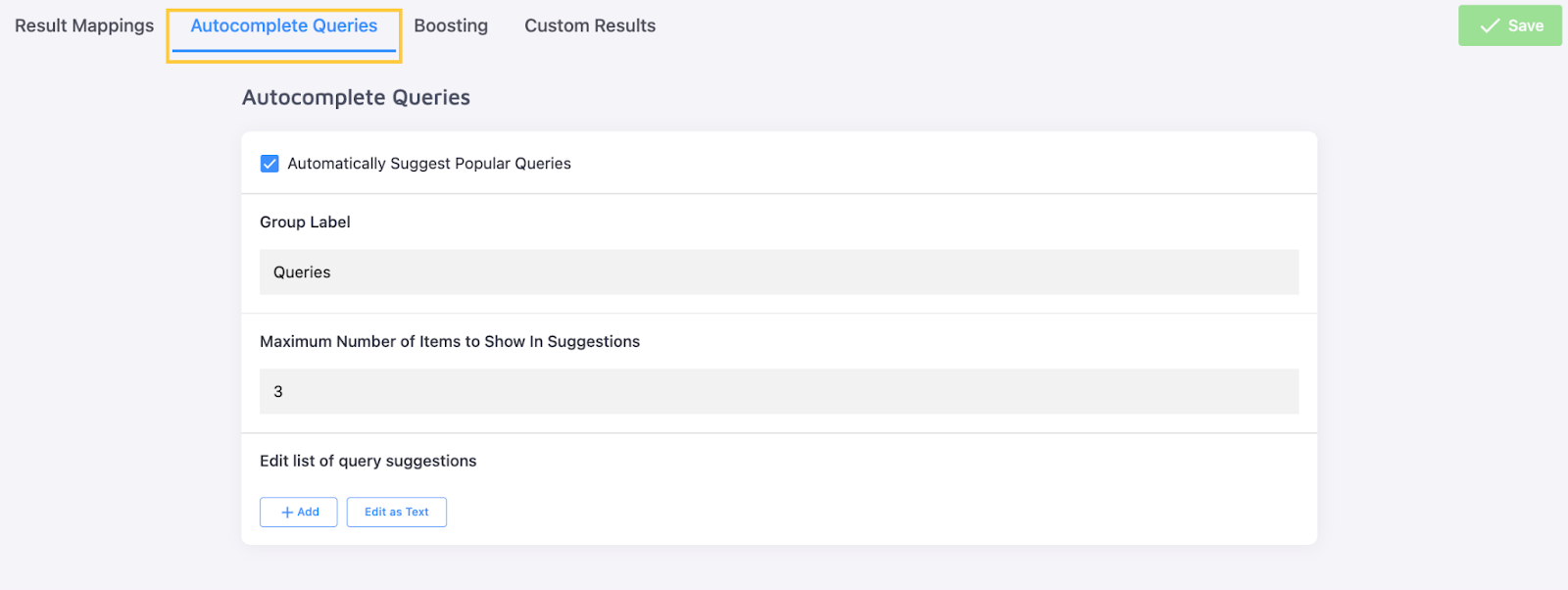 Autocomplete Queries tab