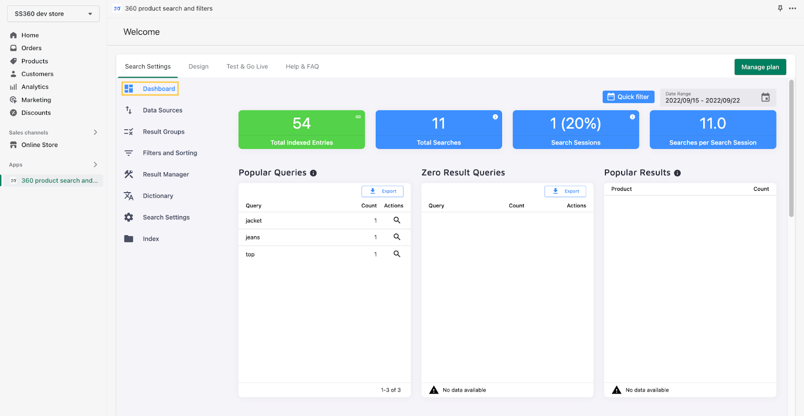 Site Search 360 Control Panel with the Dashboard section open