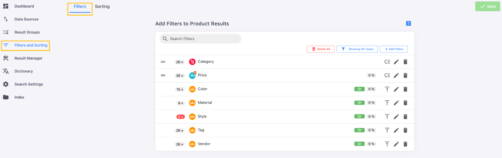 Filters tab