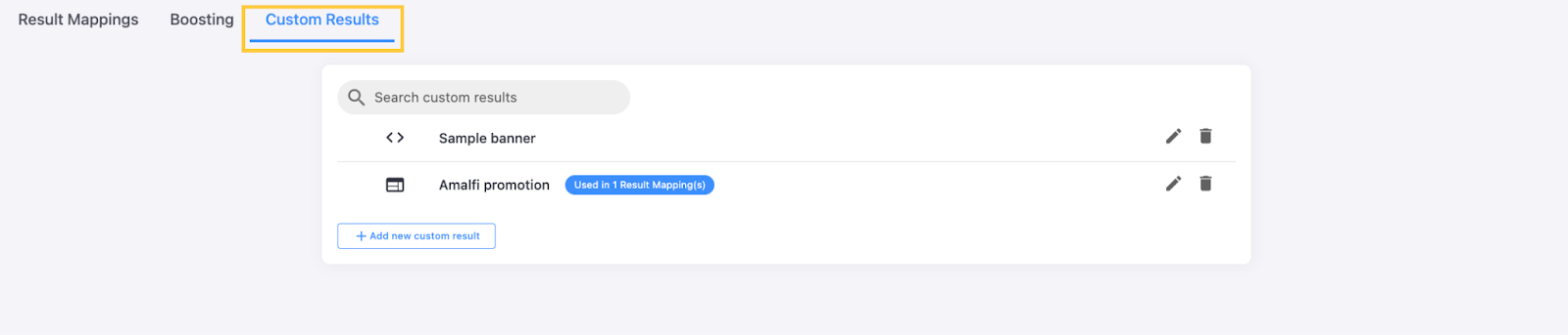 Custom Results tab