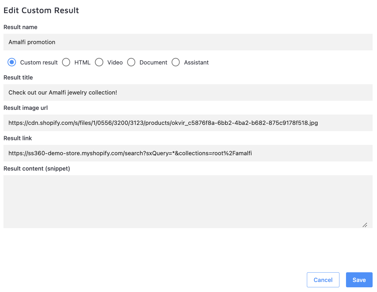 Custom Result configuration example