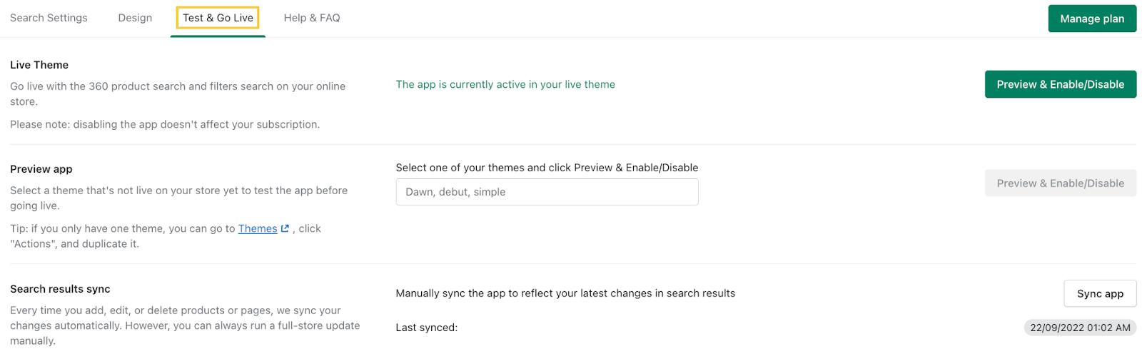 Test &amp; Go Live tab