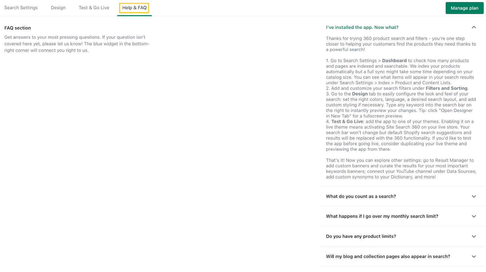 Help &amp; FAQ tab
