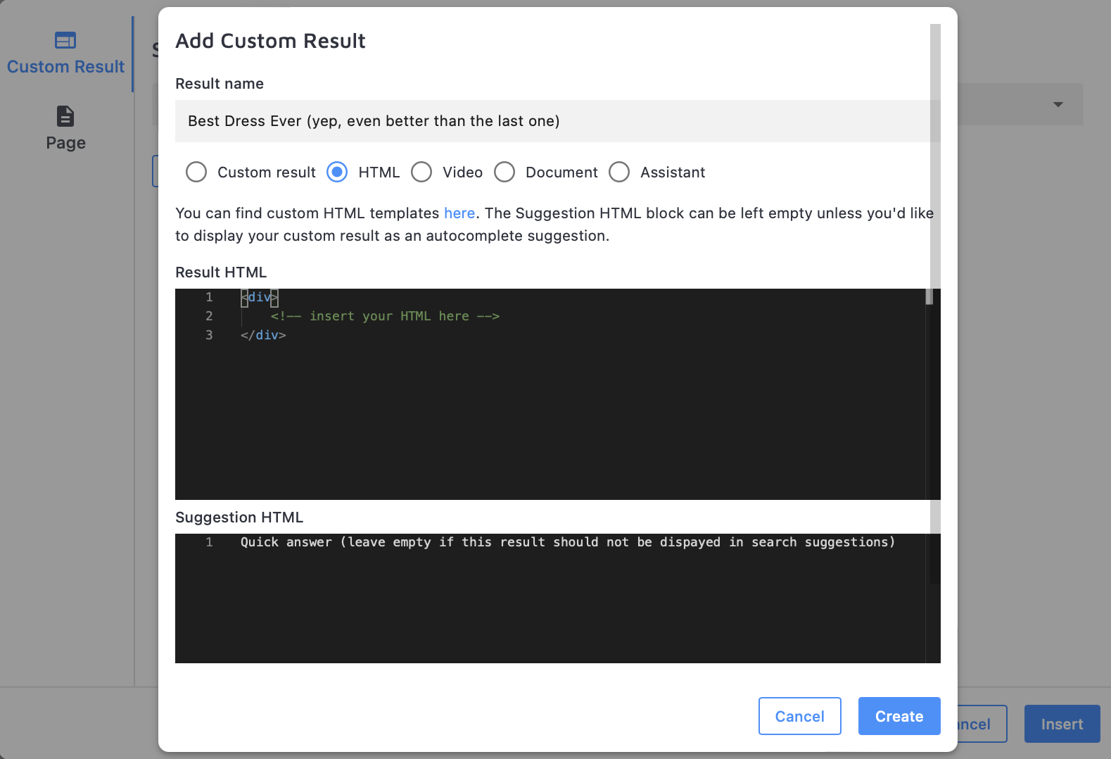 Adding custom results via HTML