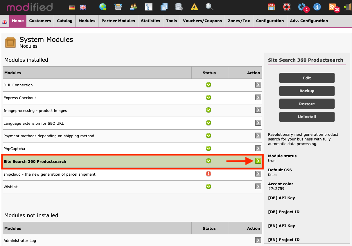 activate the site search 360 product search in modified system modules
