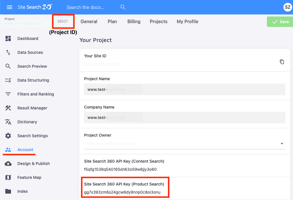 preview of account section in site search 360 control panel with project id and api key
