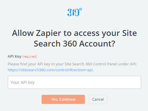 paste api key to connect zapier and site search 360
