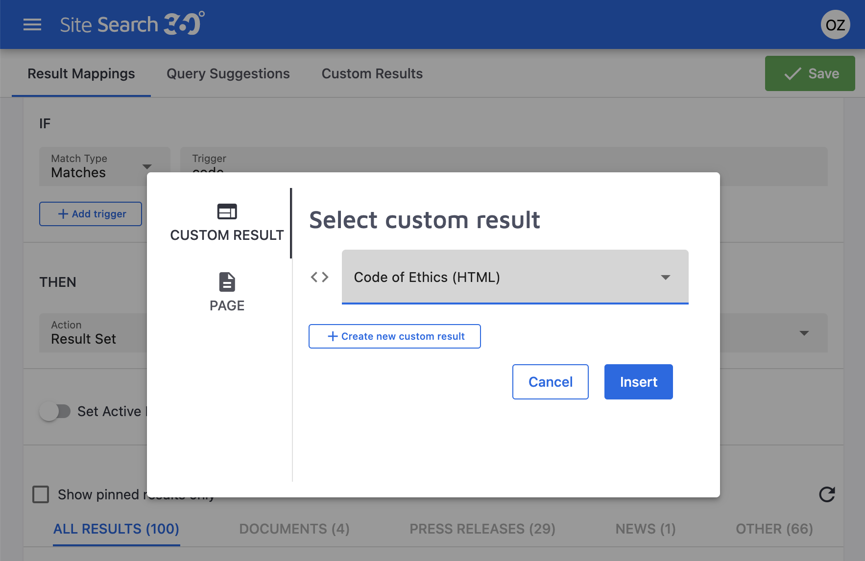 select a custom result to add to your result mapping